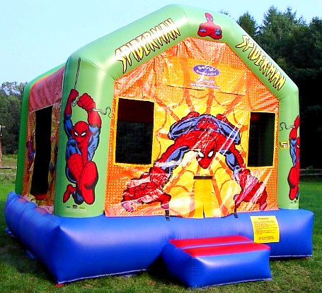 Inflatable bounce house with Spiderman on front